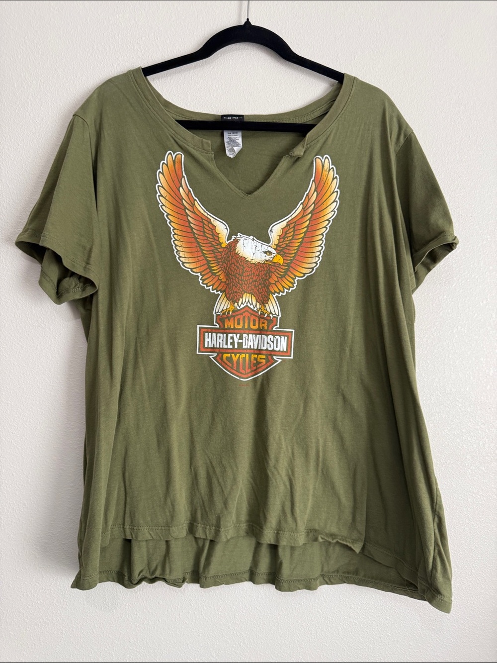 Harley-Davidson Olive Short Sleeve V-Neck Tee with Orange Eagle Graphic